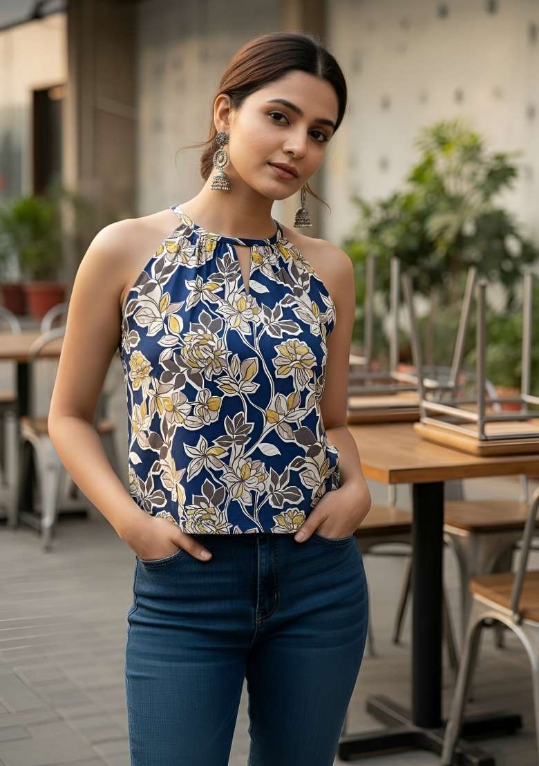 Blue Printed Cotton Short Kurta - Indya