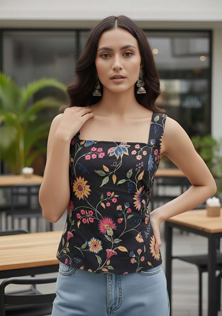Black Printed Cotton Short Kurta - Indya