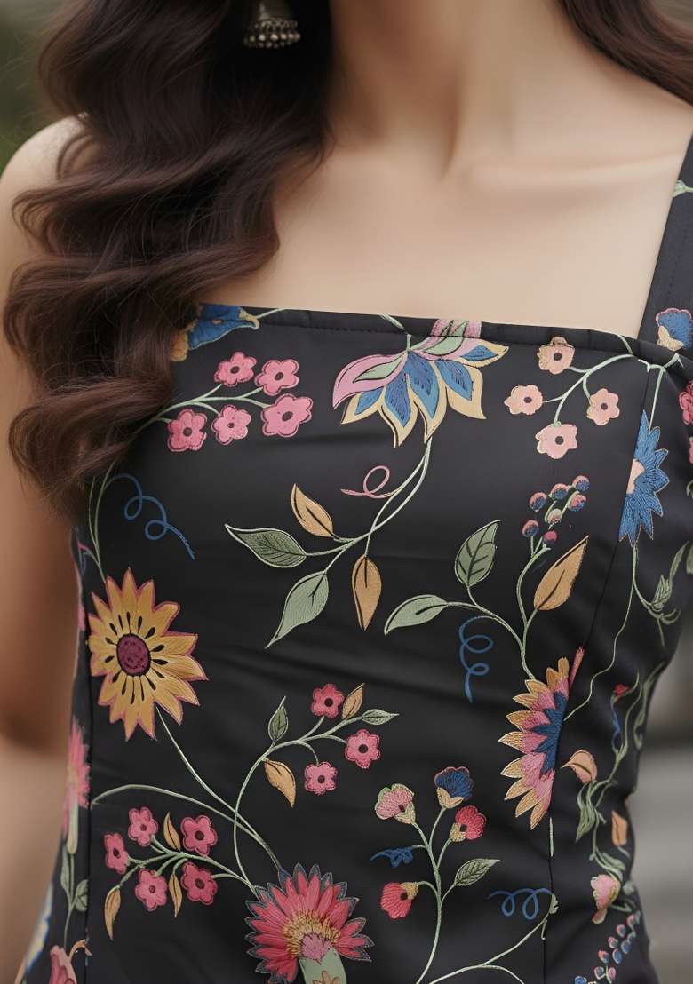 Black Printed Cotton Short Kurta - Indya
