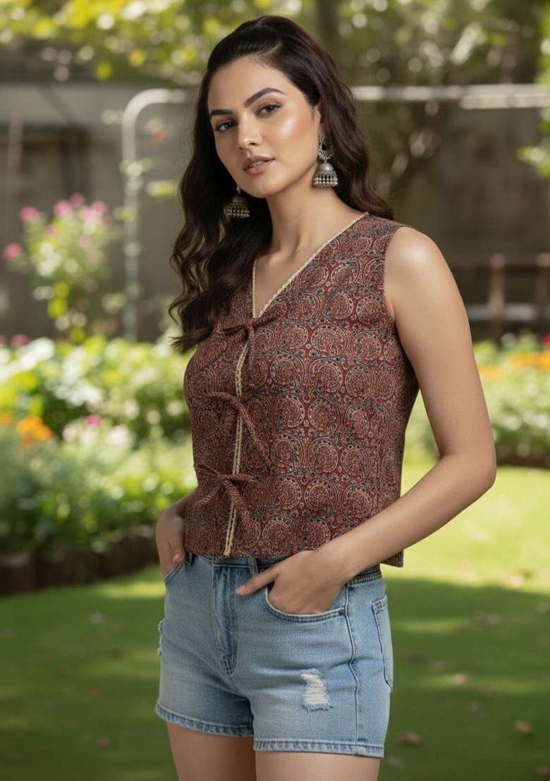 Maroon Printed Cotton Short Kurta - Indya