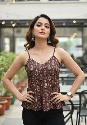 Brown Printed Cotton Short Kurta
