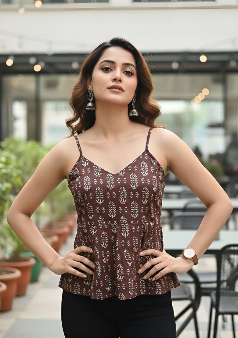 Brown Printed Cotton Short Kurta - Indya