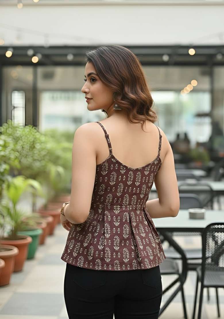 Brown Printed Cotton Short Kurta - Indya