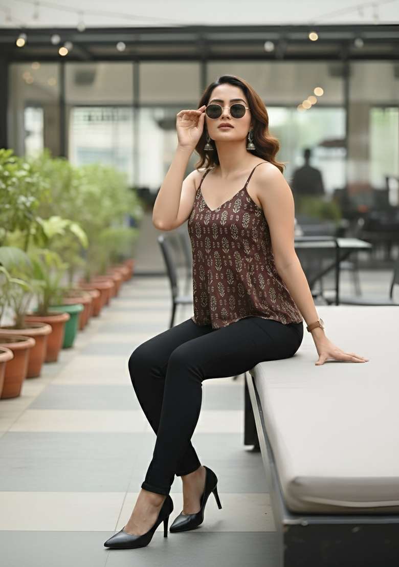 Brown Printed Cotton Short Kurta - Indya