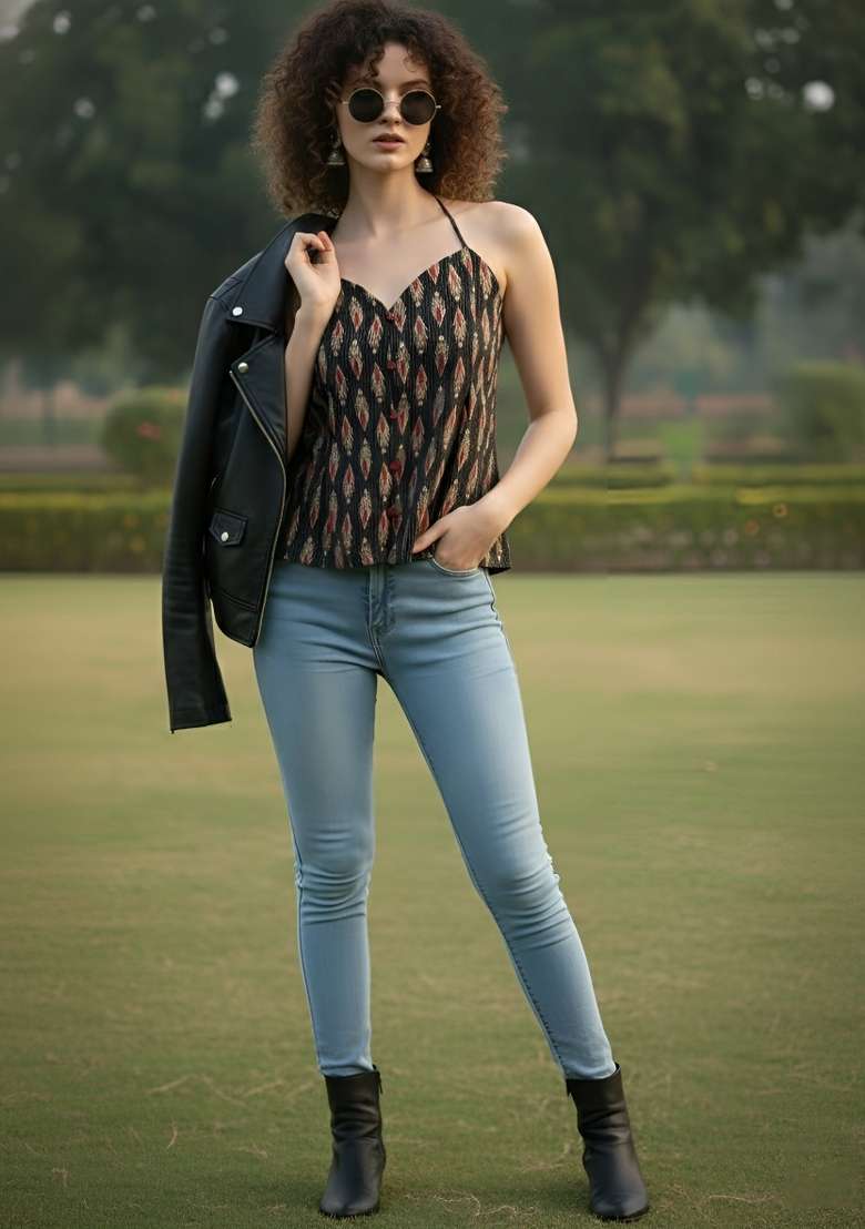 Black Printed Cotton Short Kurta - Indya