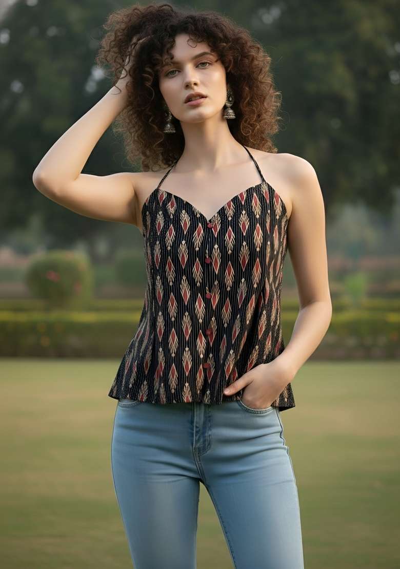 Black Printed Cotton Short Kurta - Indya