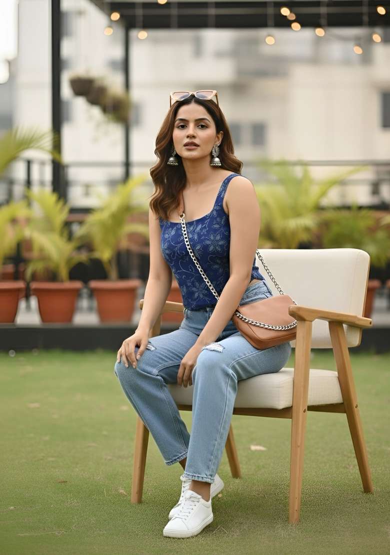 Blue Printed Cotton Short Kurta - Indya