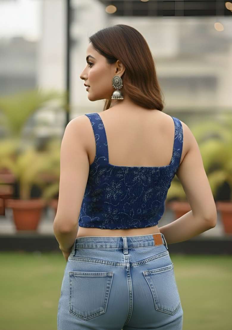 Blue Printed Cotton Short Kurta - Indya