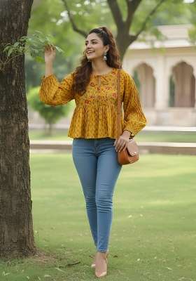 Yellow Printed Cotton Short Kurta