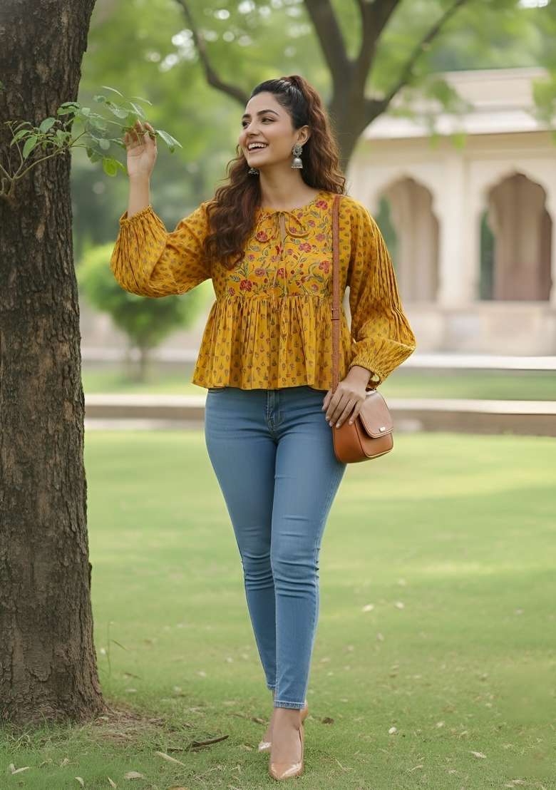 Yellow Printed Cotton Short Kurta - Indya