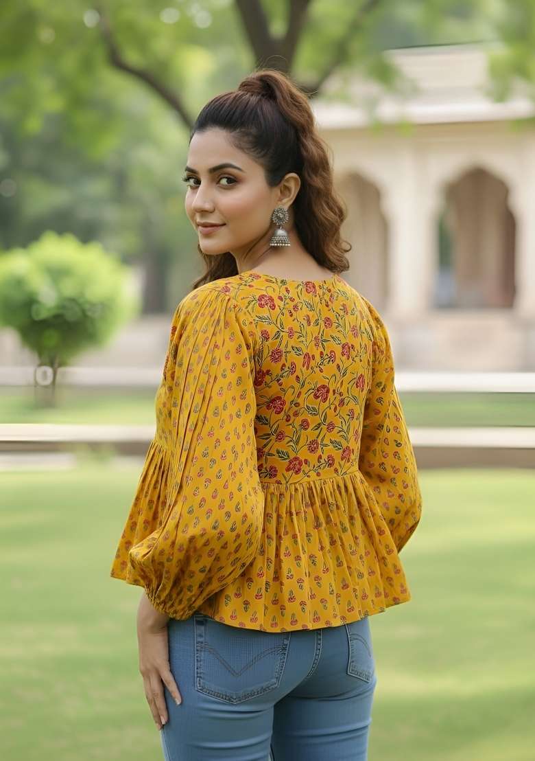 Yellow Printed Cotton Short Kurta - Indya