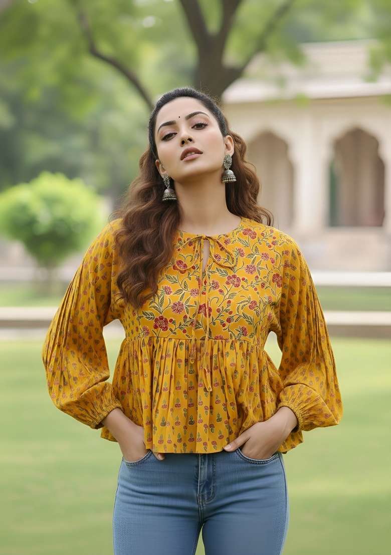 Yellow Printed Cotton Short Kurta - Indya