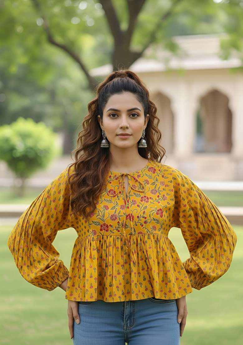 Yellow Printed Cotton Short Kurta - Indya