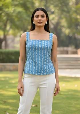 Blue Printed Cotton Short Kurta
