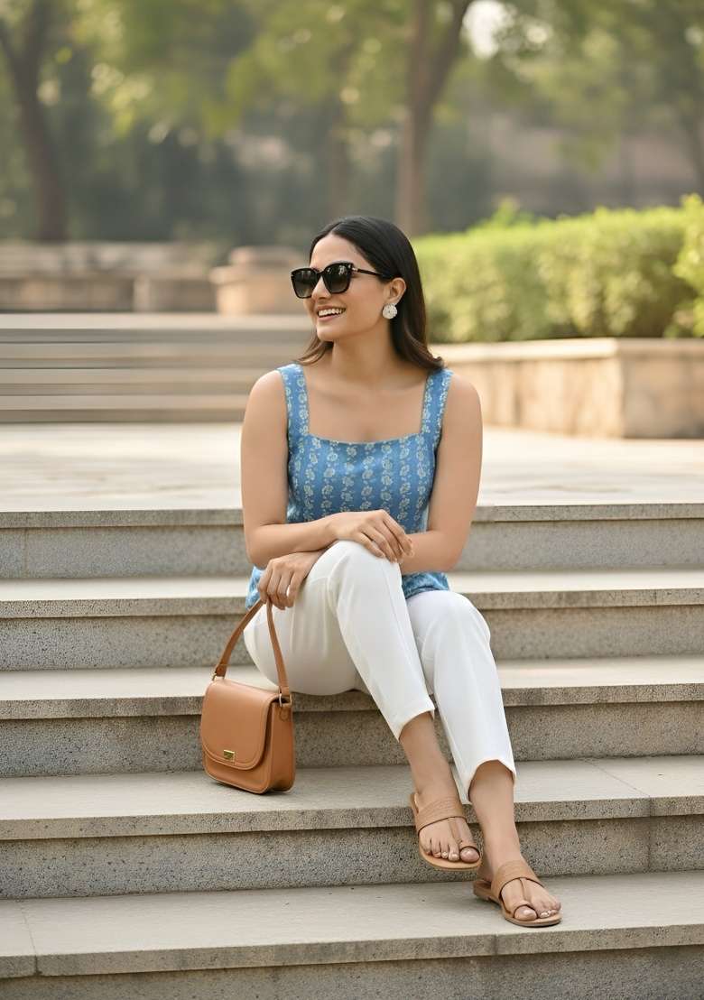 Blue Printed Cotton Short Kurta - Indya