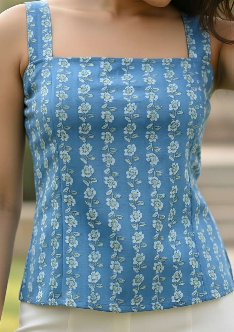 Blue Printed Cotton Short Kurta - Indya