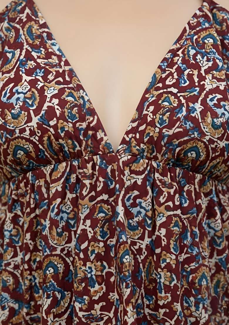 Maroon Printed Cotton Short Kurta - Indya