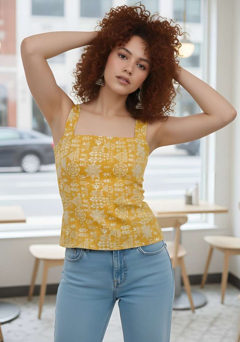 Yellow Printed Cotton Short Kurta - Indya