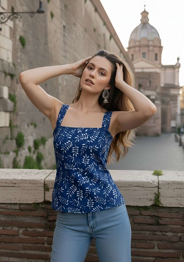 Blue Printed Cotton Short Kurta - Indya