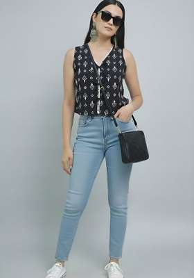 Black Printed Cotton Short Kurta