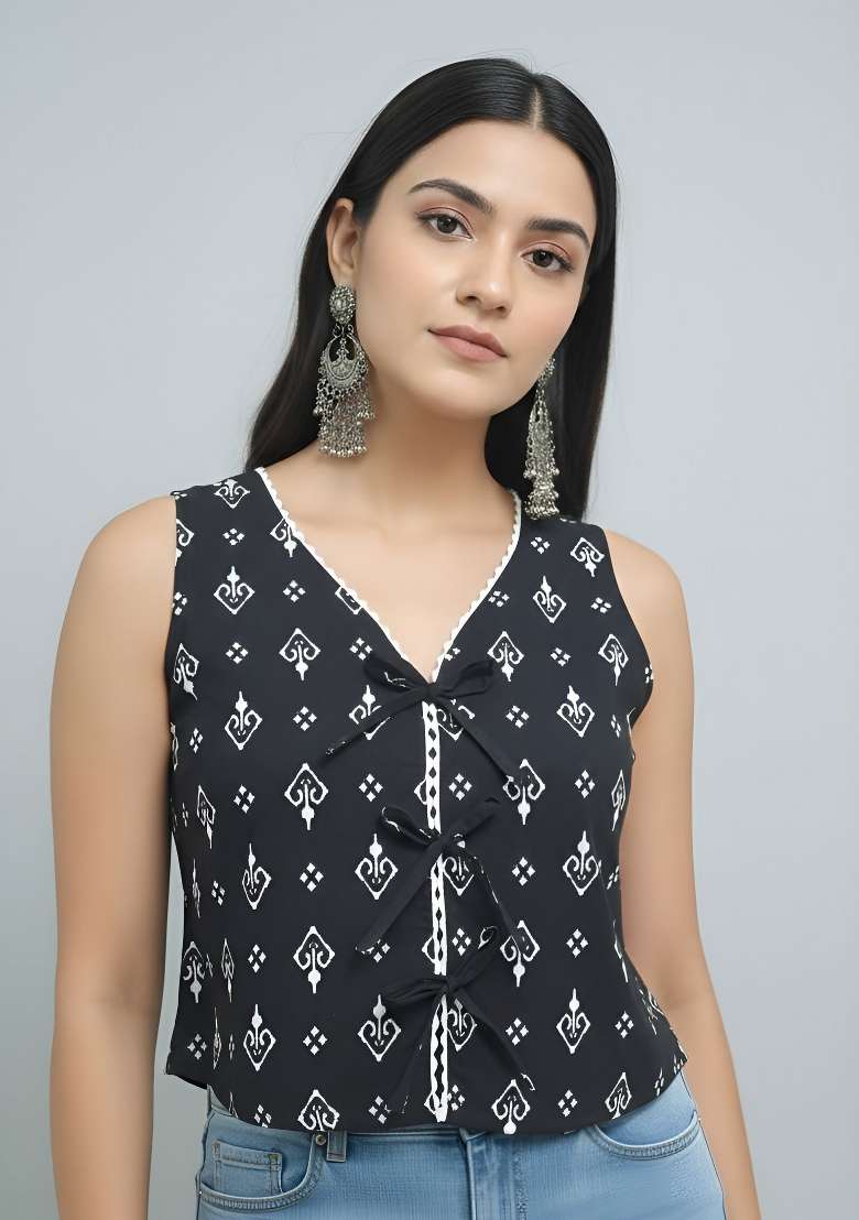 Black Printed Cotton Short Kurta - Indya