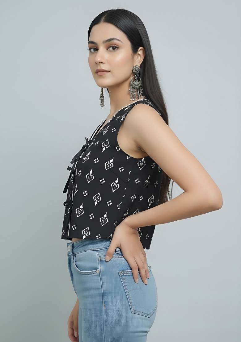 Black Printed Cotton Short Kurta - Indya