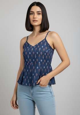 Blue Printed Cotton Short Kurta