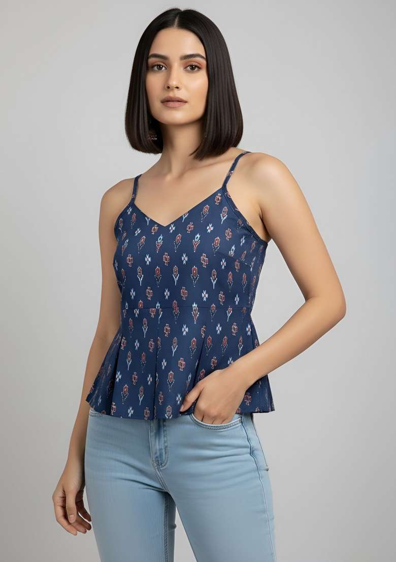 Blue Printed Cotton Short Kurta - Indya