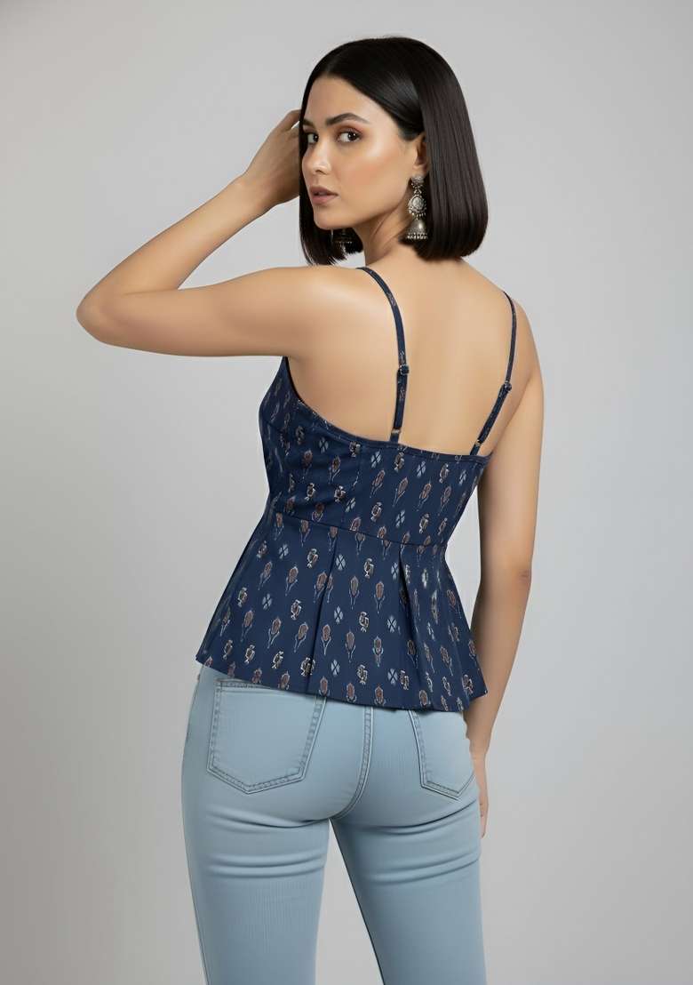 Blue Printed Cotton Short Kurta - Indya
