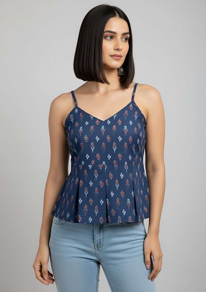 Blue Printed Cotton Short Kurta - Indya