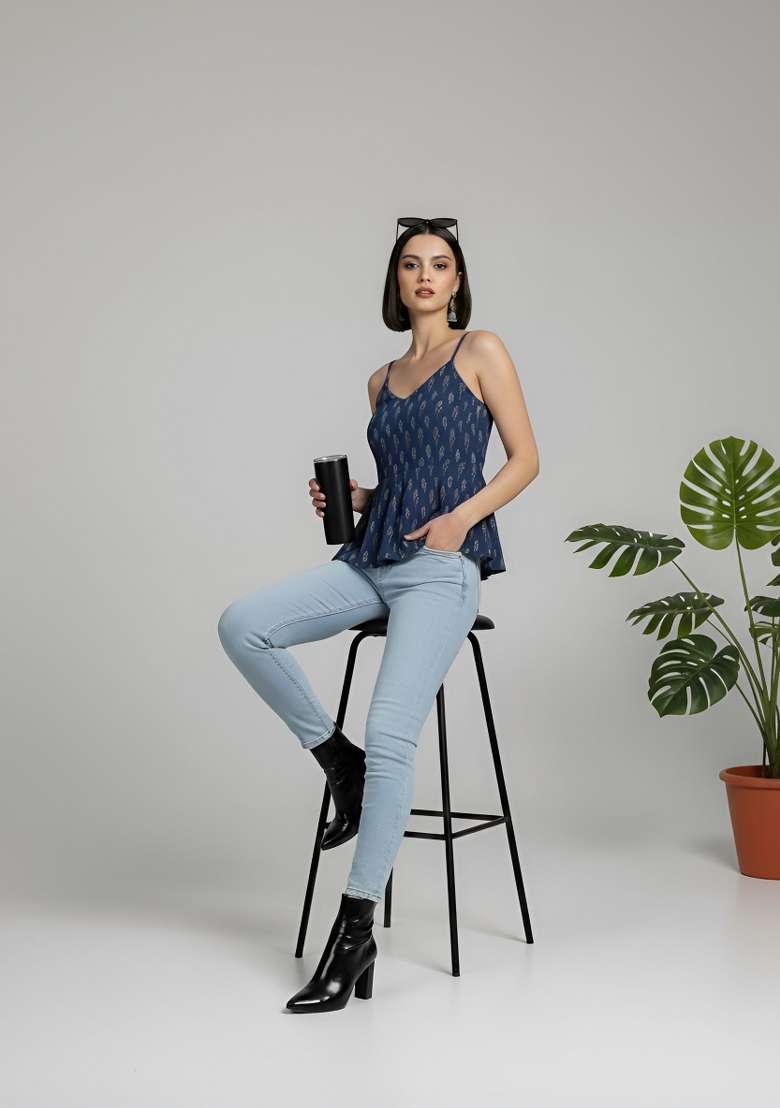 Blue Printed Cotton Short Kurta - Indya