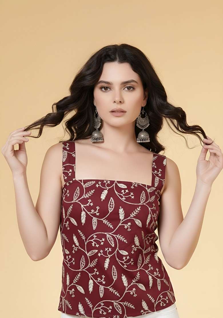 Burgundy Printed Cotton Short Kurta - Indya
