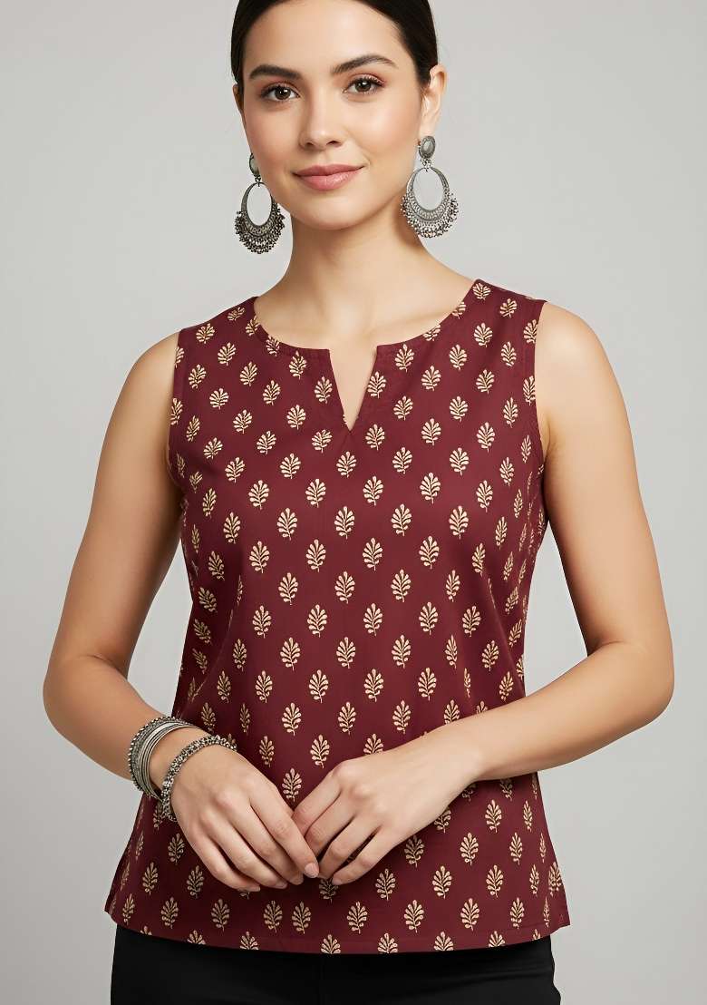 Maroon Printed Cotton Short Kurta - Indya