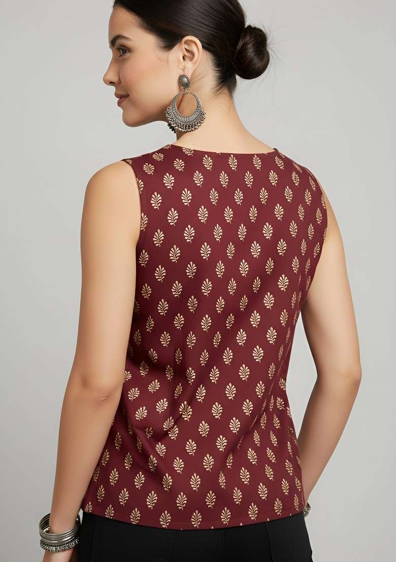 Maroon Printed Cotton Short Kurta - Indya