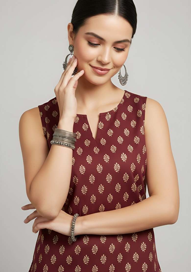 Maroon Printed Cotton Short Kurta - Indya