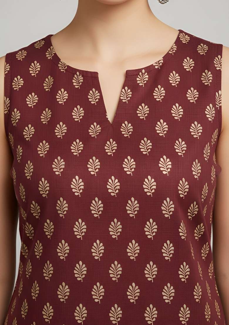 Maroon Printed Cotton Short Kurta - Indya