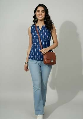 Blue Printed Cotton Short Kurta