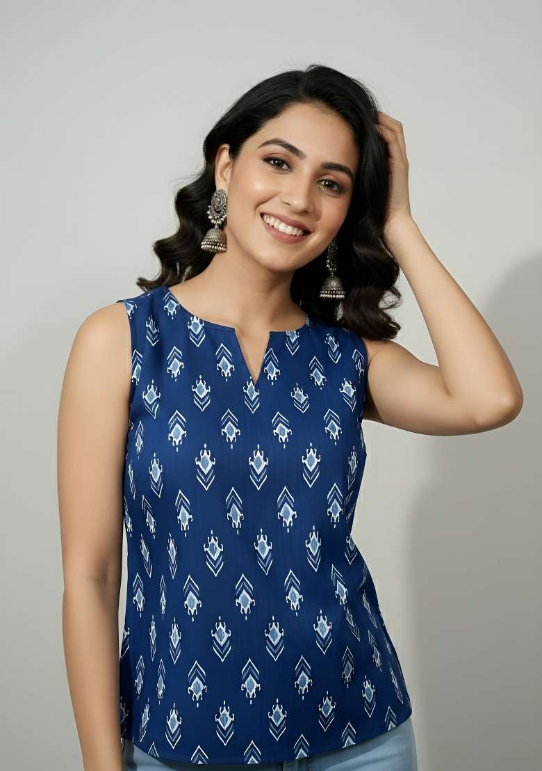 Blue Printed Cotton Short Kurta - Indya