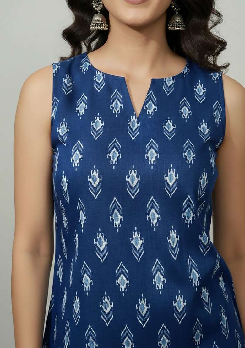 Blue Printed Cotton Short Kurta - Indya