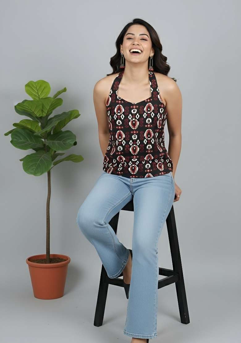 Black Printed Cotton Short Kurta - Indya