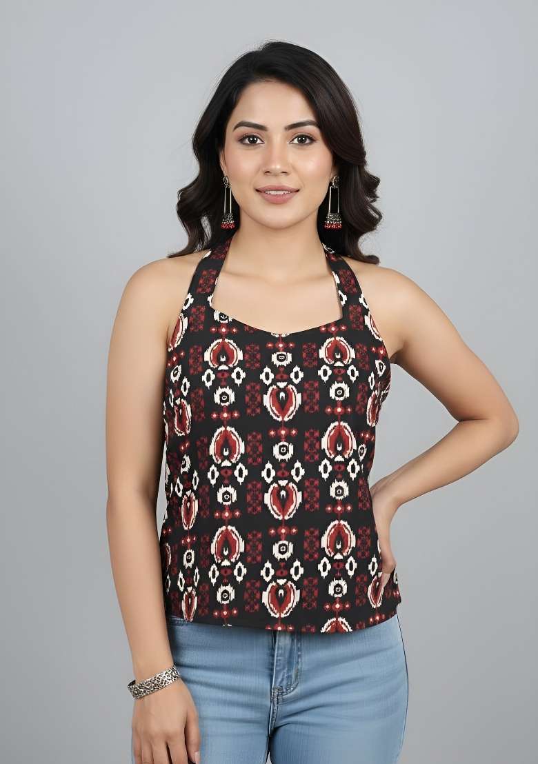 Black Printed Cotton Short Kurta - Indya