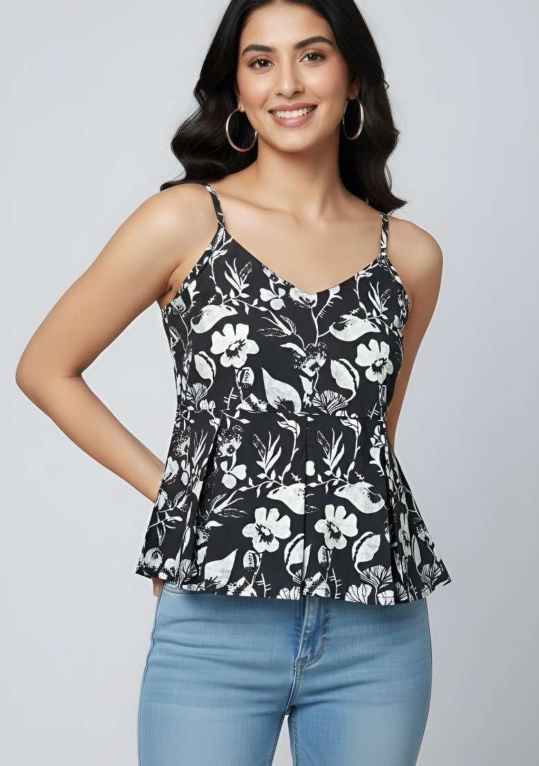 Black Printed Cotton Short Kurta - Indya