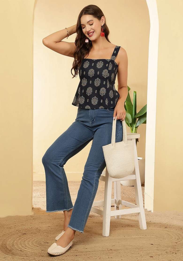 Navy Blue Printed Cotton Short Kurta - Indya
