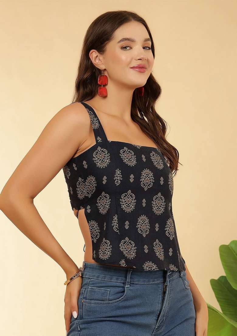 Navy Blue Printed Cotton Short Kurta - Indya