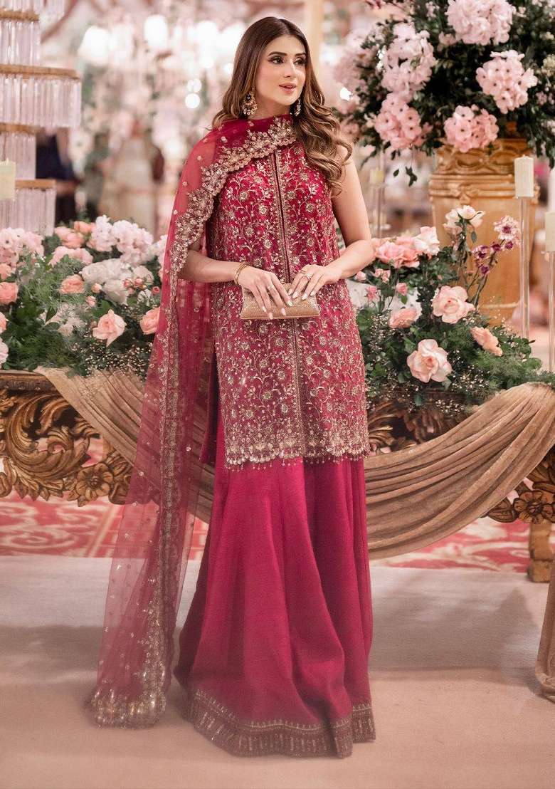 Pink Embroidery Chinon Palazzo Set - Indya