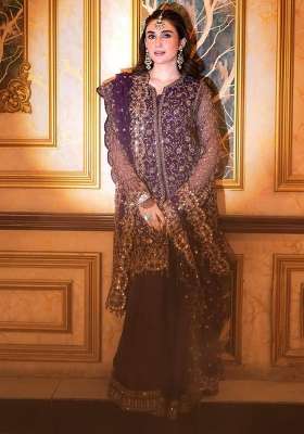 Purple Embroidery Chinon Palazzo Set