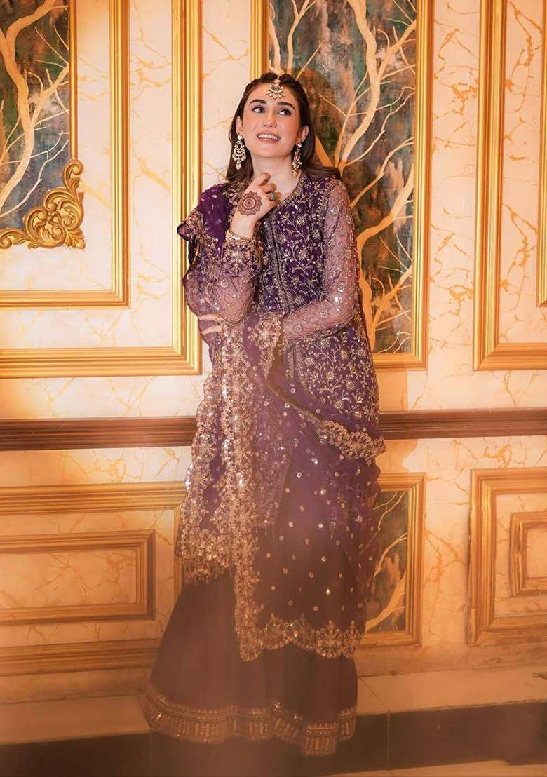 Purple Embroidery Chinon Palazzo Set - Indya