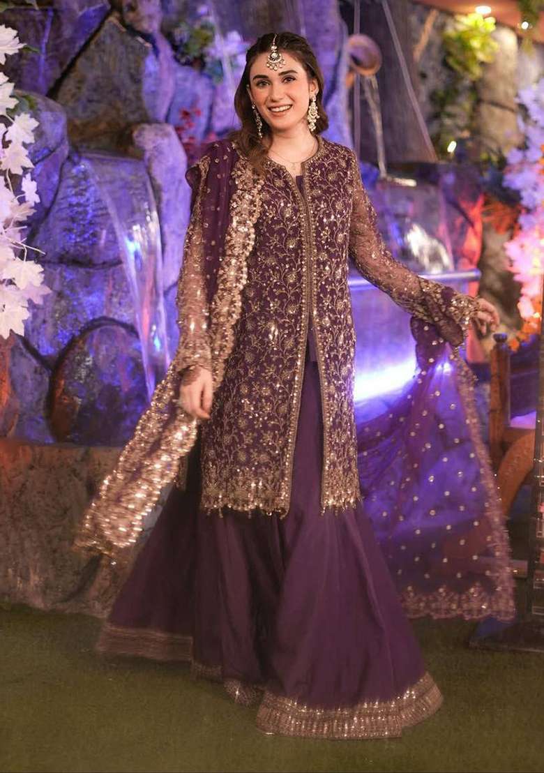 Purple Embroidery Chinon Palazzo Set - Indya