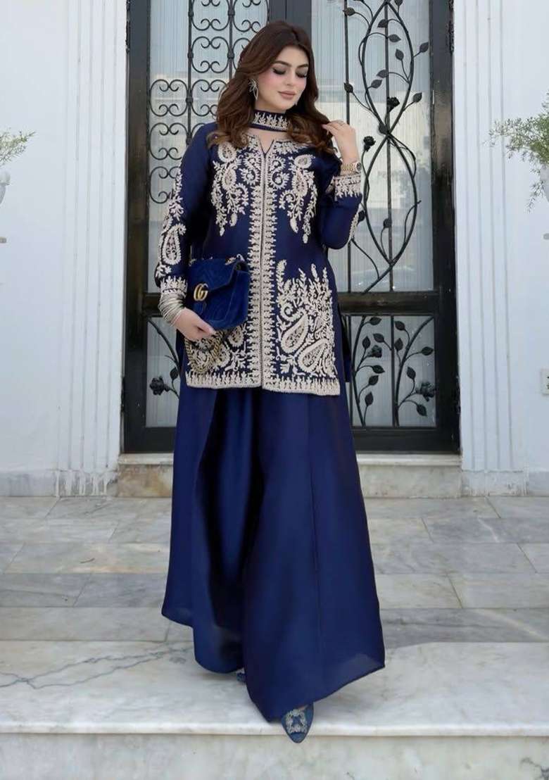 Blue Embroidery Silk Palazzo Set - Indya