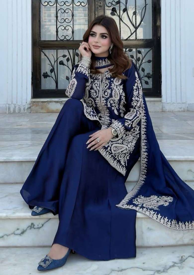 Blue Embroidery Silk Palazzo Set - Indya